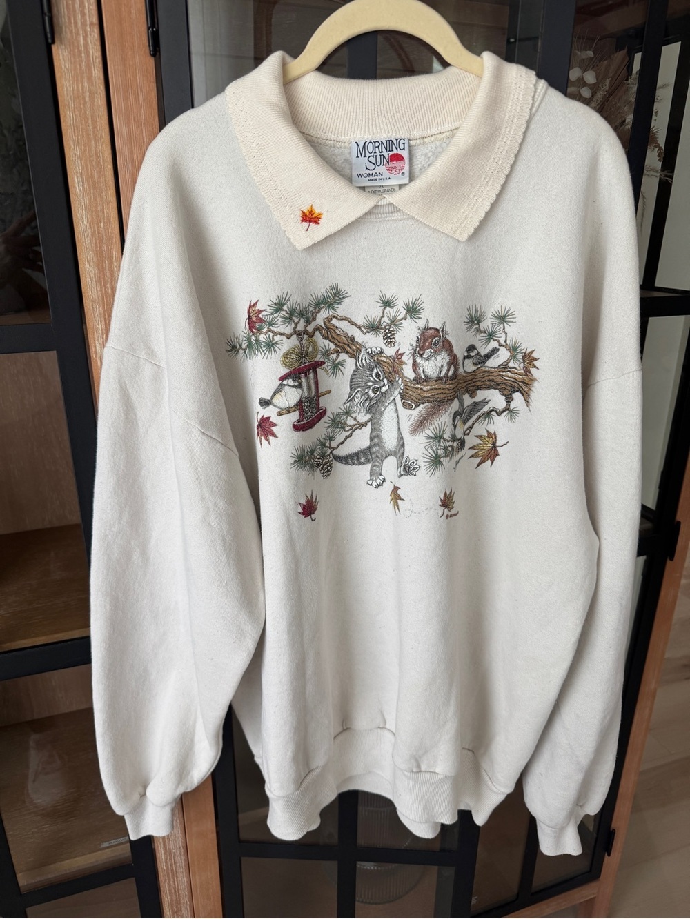 Vintage 90s cat sweater Woodland Animals Collar cottagecore whimsy birds kitten